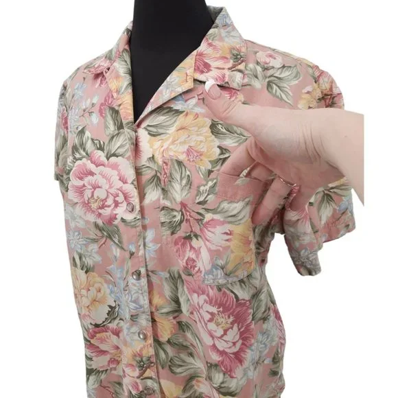 VTG 90s Lizwear Pink Floral Pearl Snap Shirt Size M Short Sleeves Cotton Yellow - Picture 6 of 8